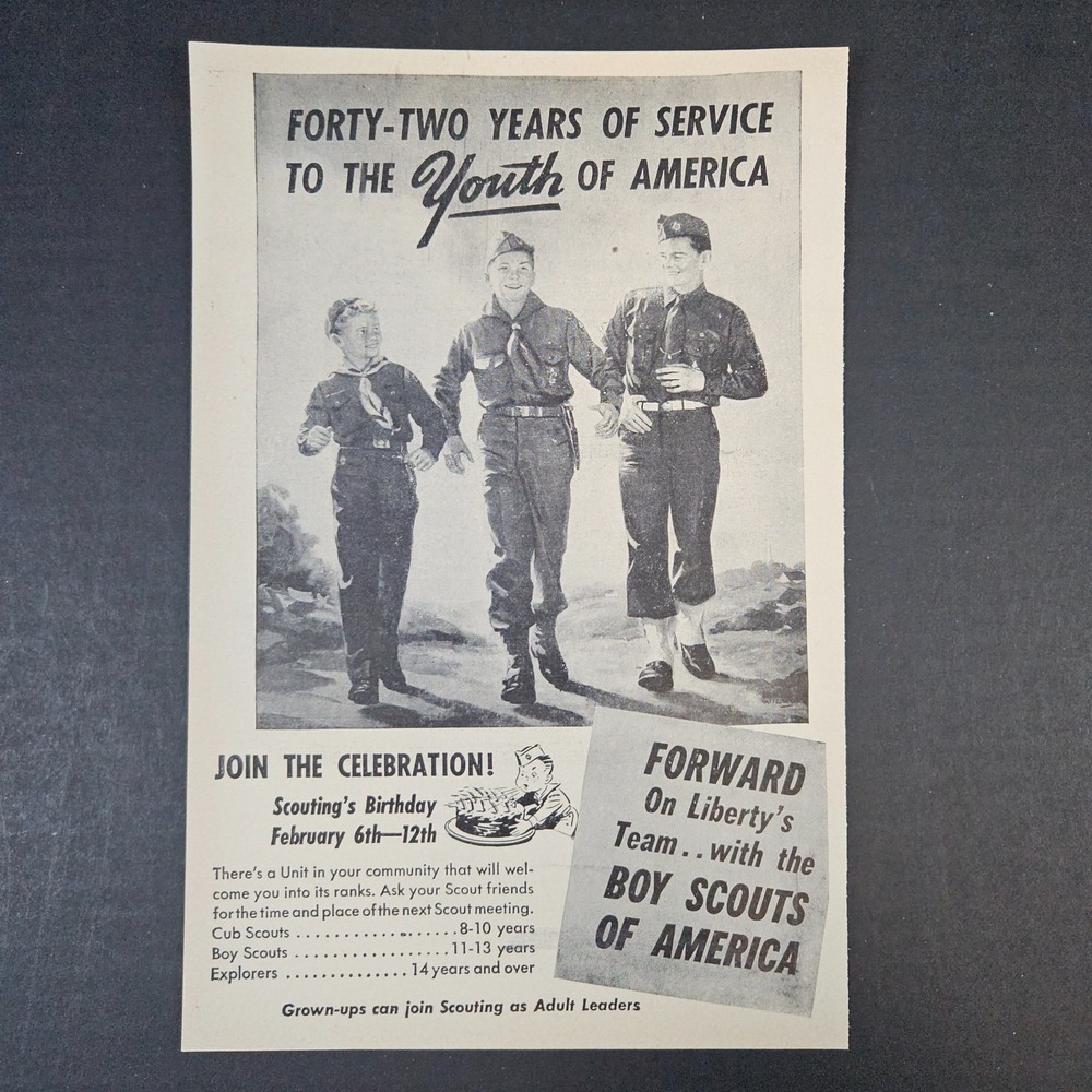 1952 Boys Scouts of America BSA 42 Year Birthday Vintage Print Ad Liberty's Team